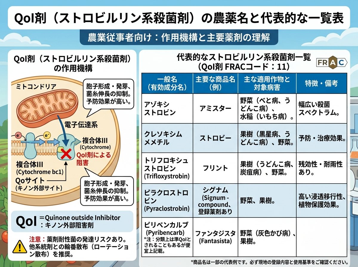 QoI剤の農薬名と代表的なストロビルリン系殺菌剤の一覧