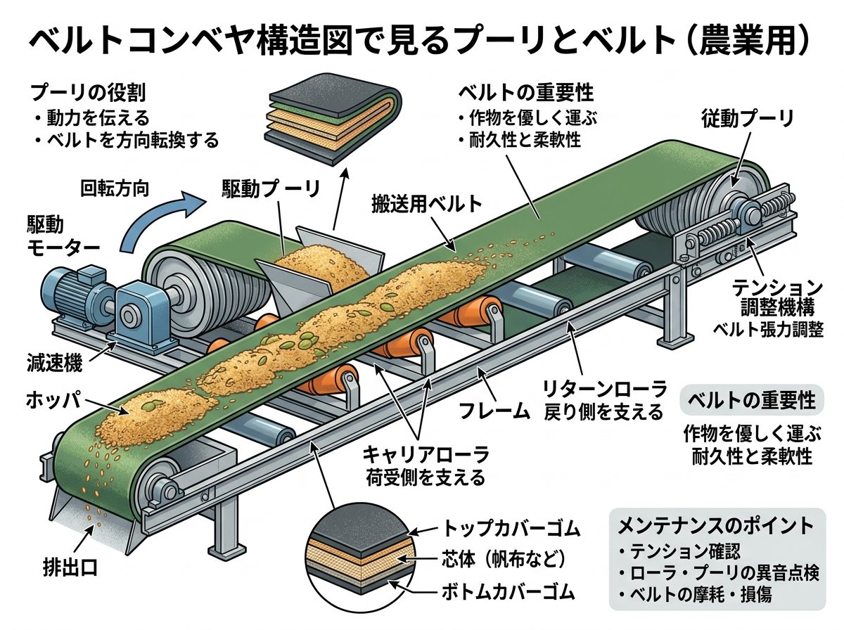 ベルトコンベヤ構造図で見るプーリとベルト