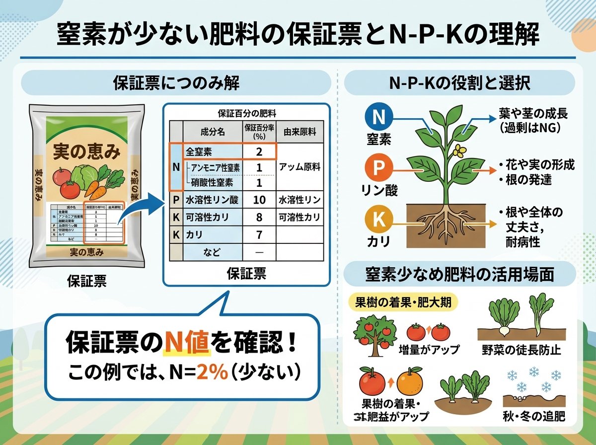 窒素が少ない肥料の保証票とN-P-K