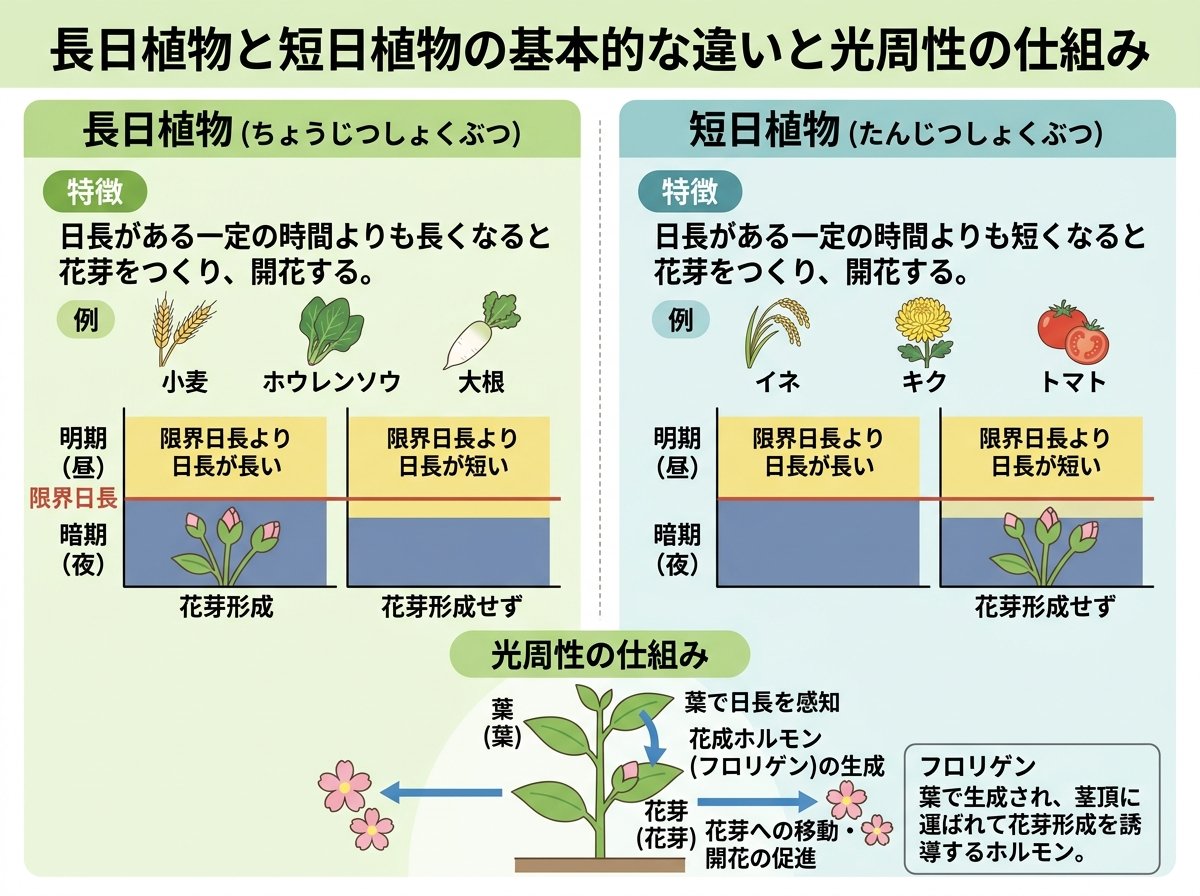 長日植物と短日植物の基本的な違いと光周性の仕組み