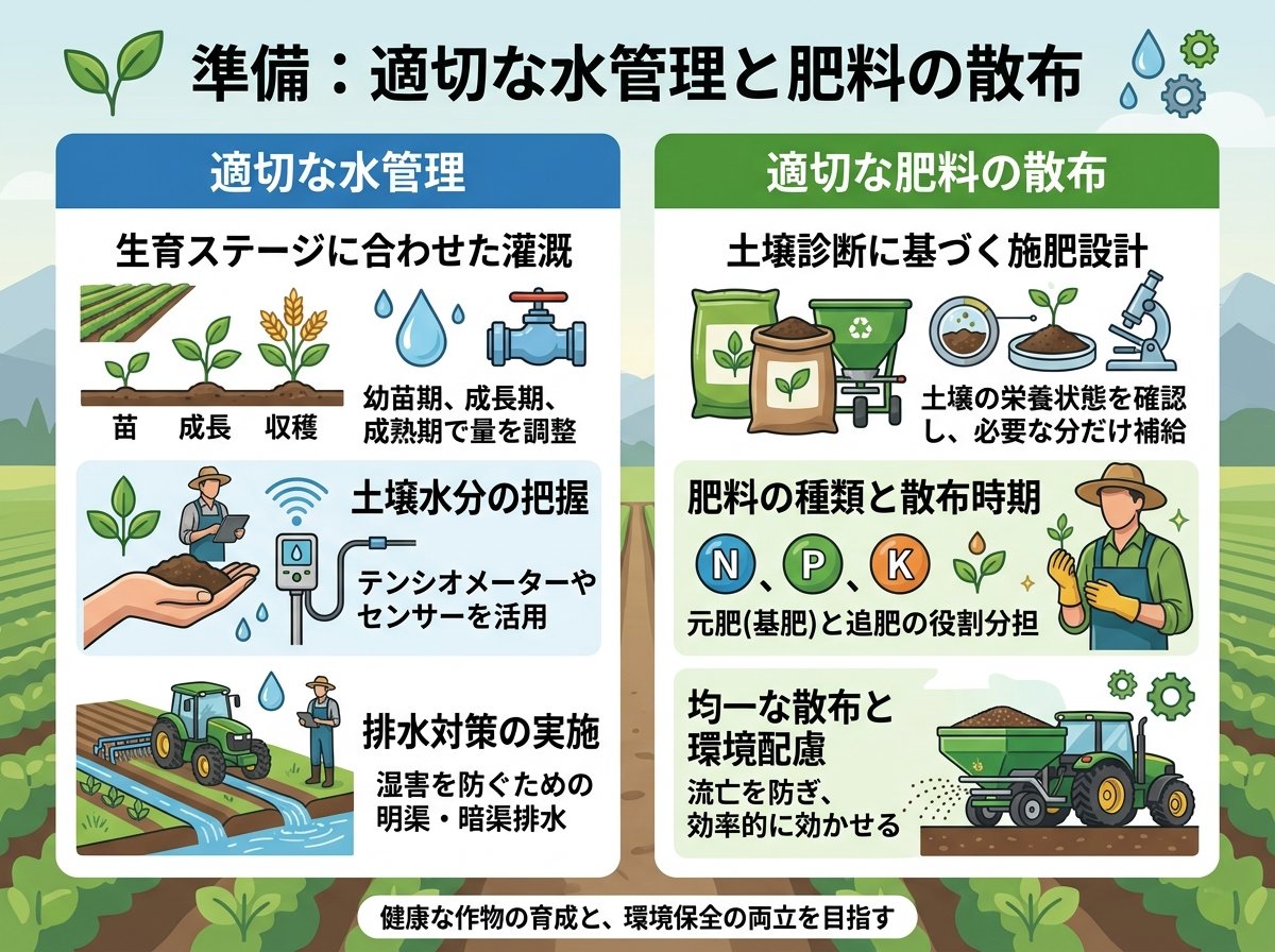 準備 適切な水管理と肥料の散布