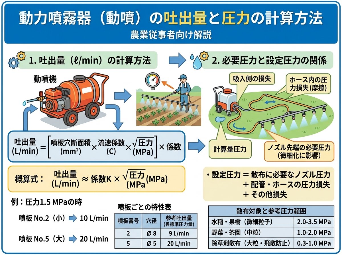 動力噴霧器(動噴)の吐出量と圧力の計算方法