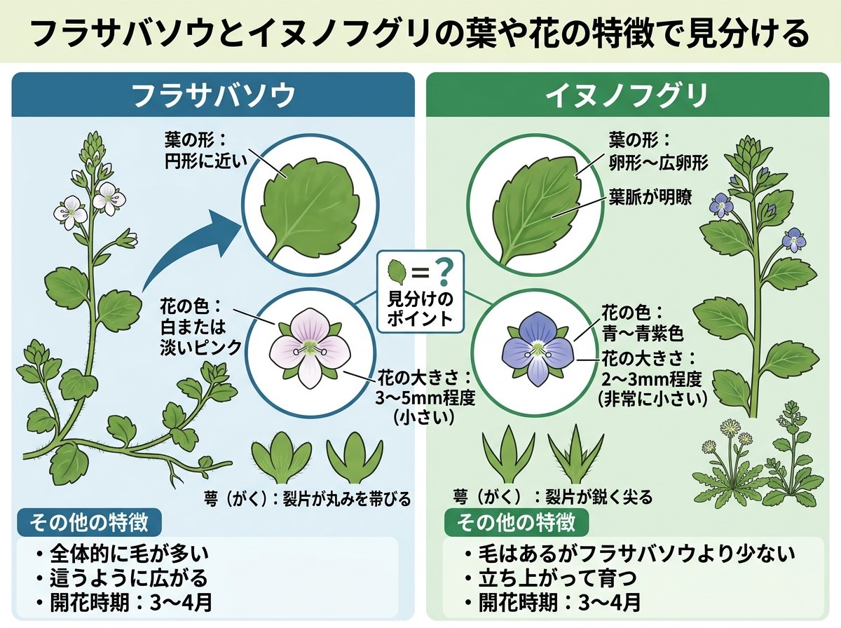 フラサバソウとイヌノフグリの葉や花の特徴で見分ける