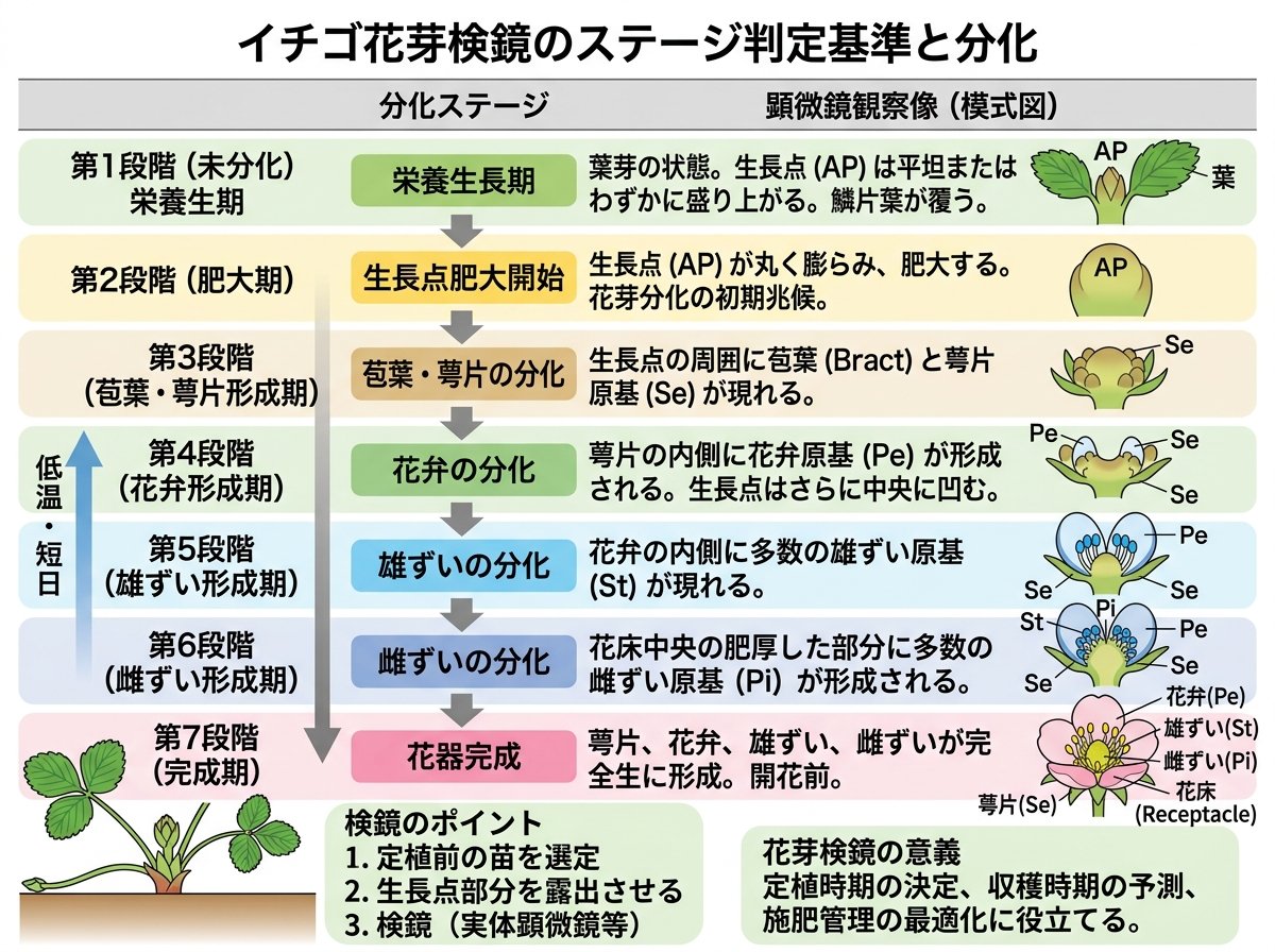 花芽検鏡のイチゴのステージ判定基準と分化
