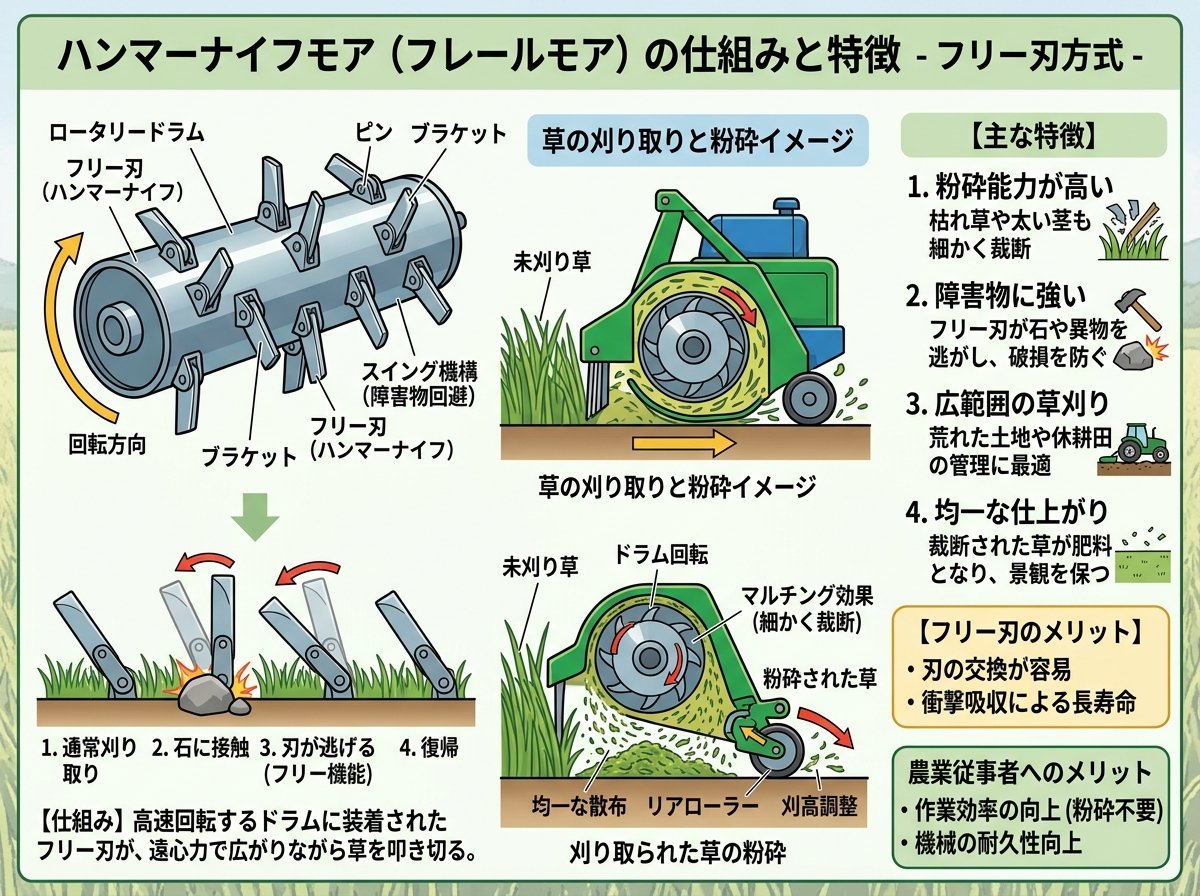 ハンマーナイフモア(フレールモア)仕組み 特徴 フリー刃
