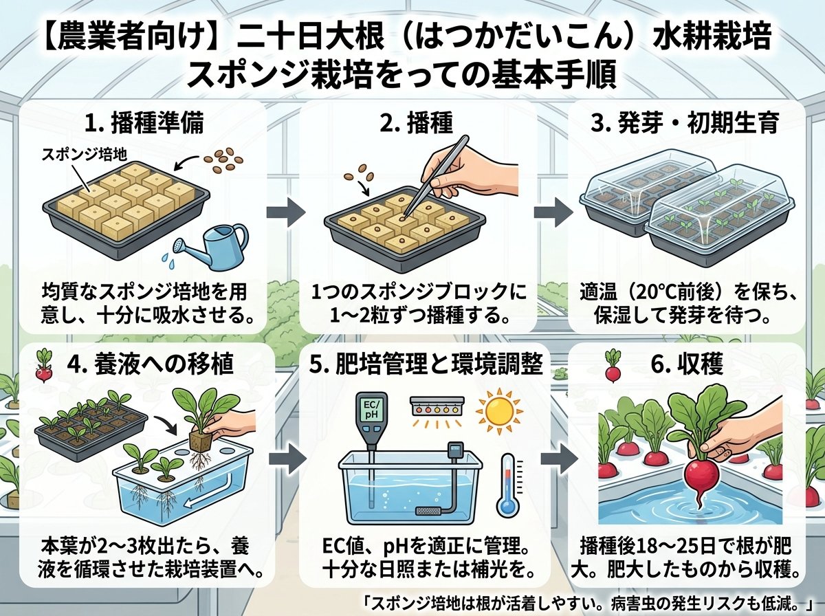 二十日大根 水耕栽培 スポンジの手順