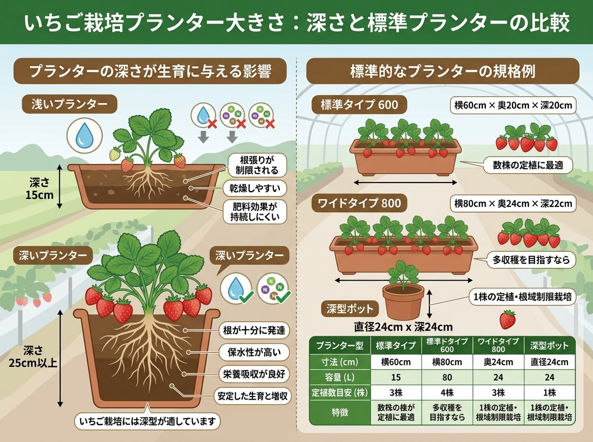 いちご栽培プランター大きさ:深さと標準プランターの比較