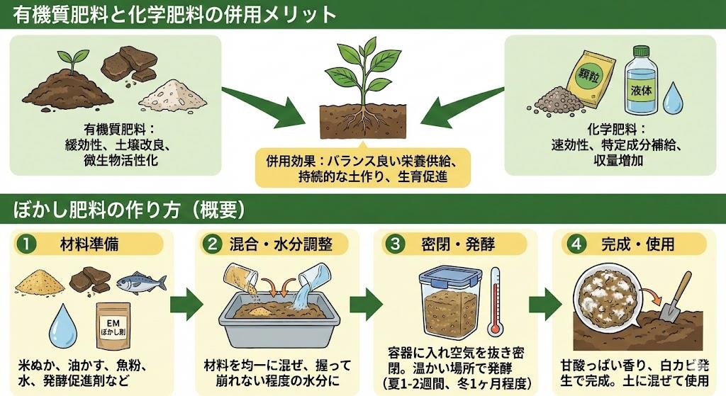 有機質肥料と化学肥料の併用とぼかし肥料の作り方