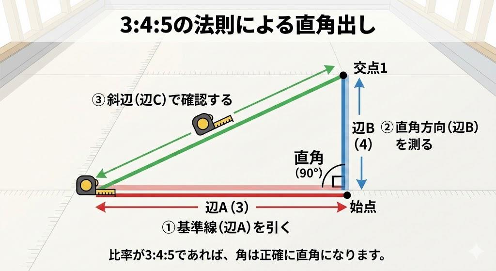 3:4:5の法則による直角出し