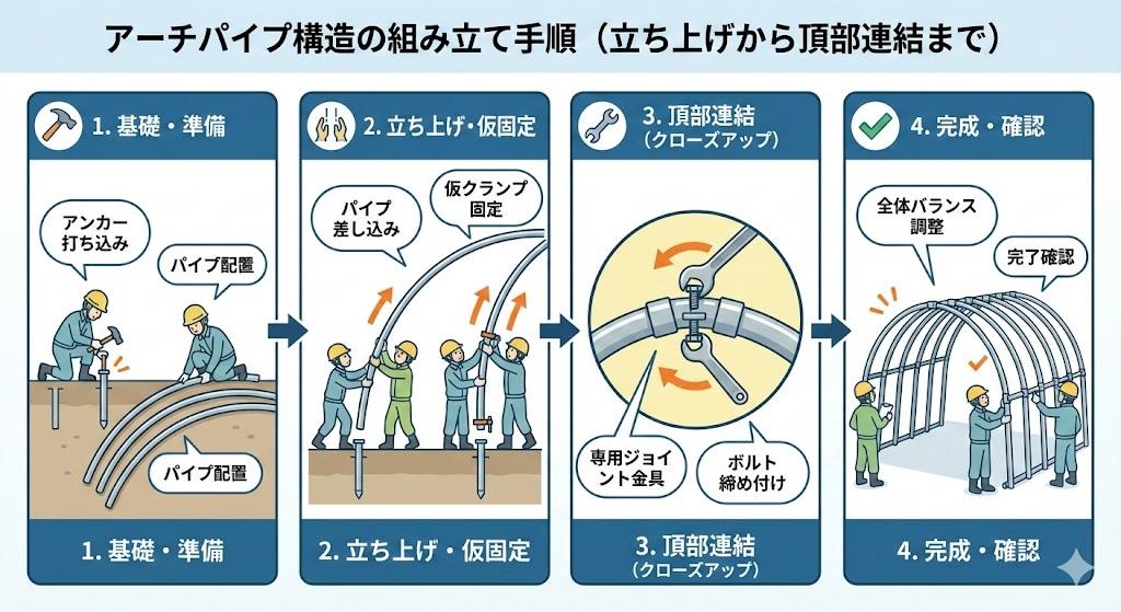 アーチパイプの立ち上げと頂部連結