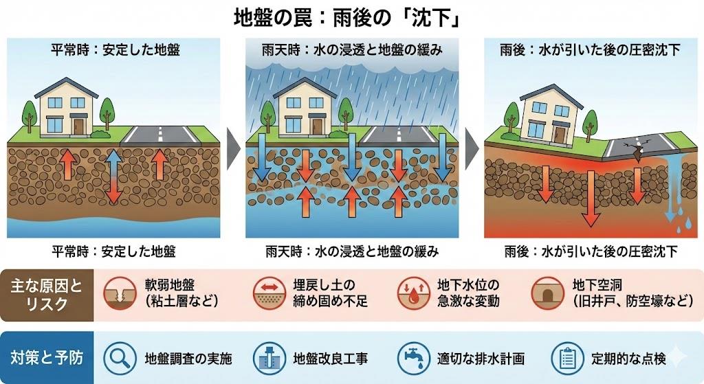 地盤の罠:雨後の「沈下」