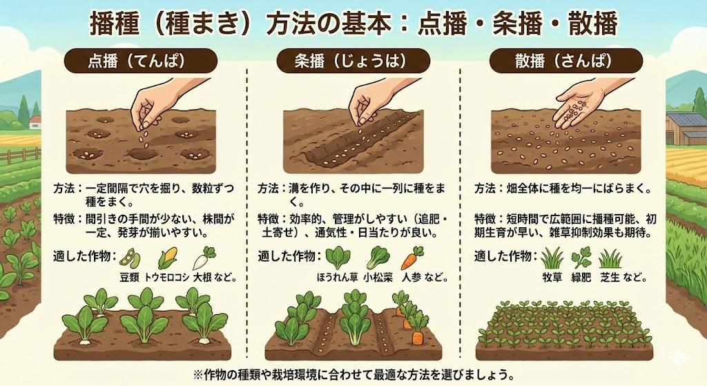 播種の方法：点播・条播・散播