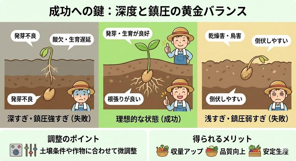 成功のコツ：深度と鎮圧の調整