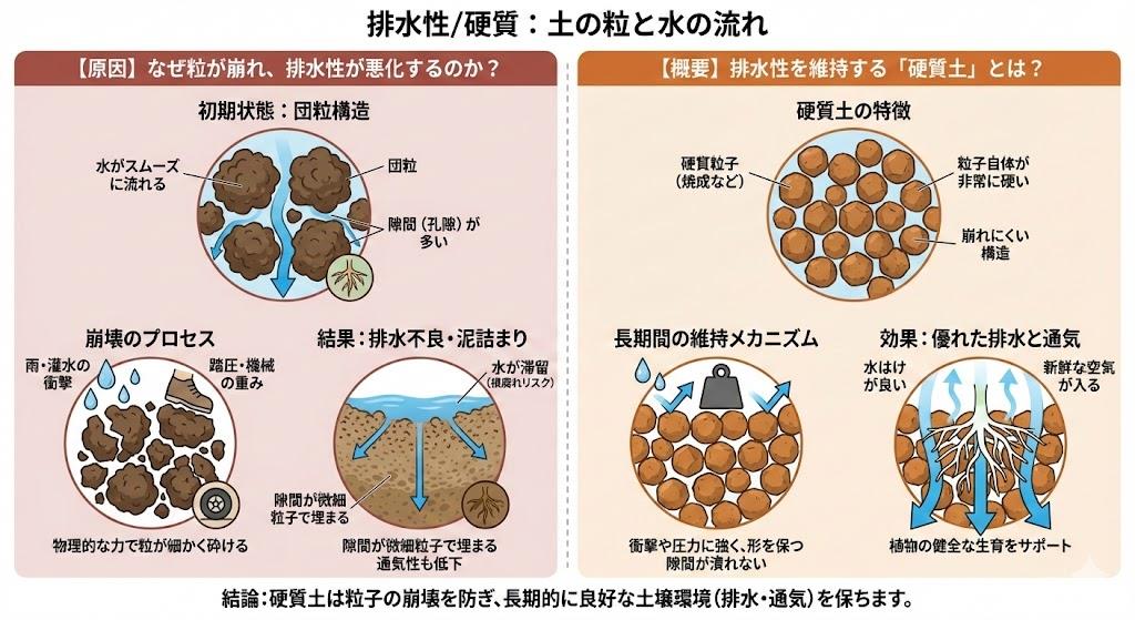 排水性/硬質 粒が崩れる原因と排水性を維持する硬質土