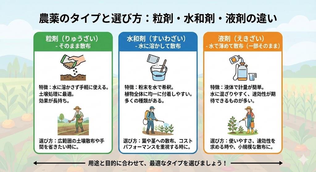 粒剤・水和剤・液剤の種類による違いと選び方