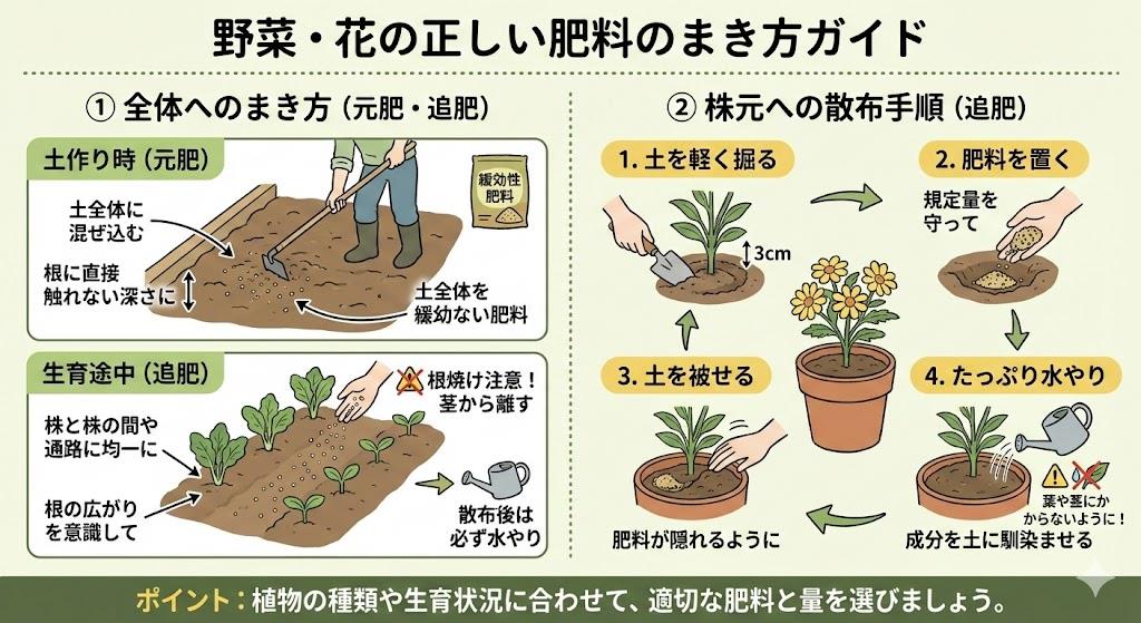 野菜や花への正しいまき方と株元への散布手順