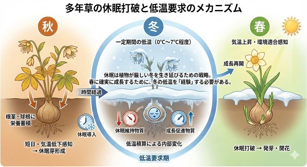 多年草の休眠打破と低温要求のメカニズム