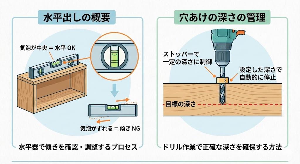 水平出しと穴あけの深さ