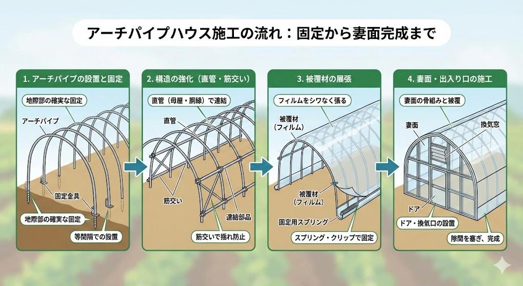 アーチパイプの固定から妻面施工までの要点