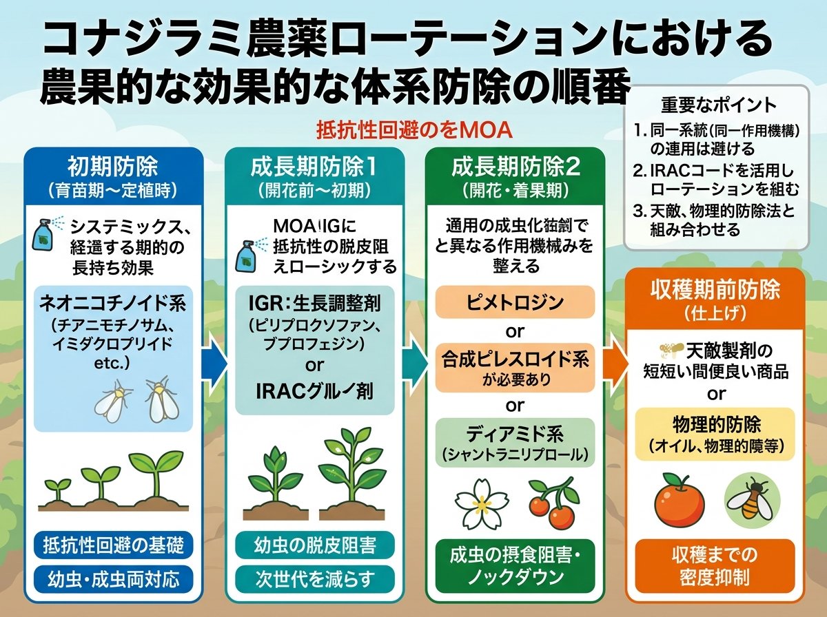 コナジラミ農薬ローテーションにおける効果的な体系防除の順番