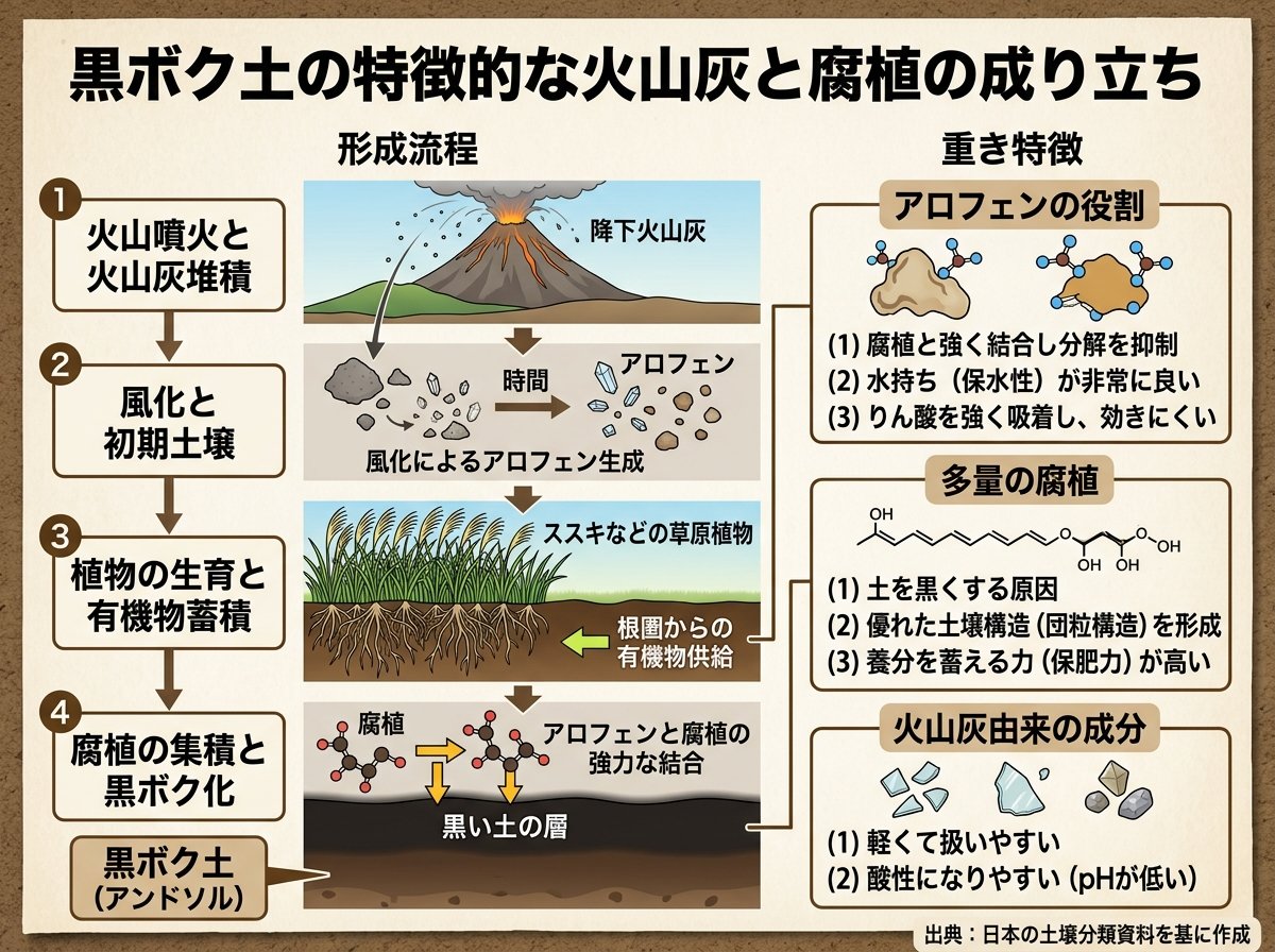黒ボク土の特徴的な火山灰と腐植の成り立ち