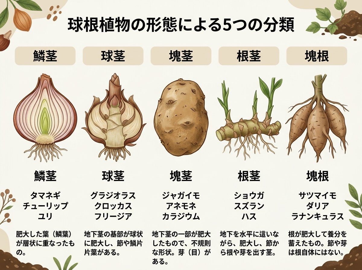 球根植物の形態による5つの分類