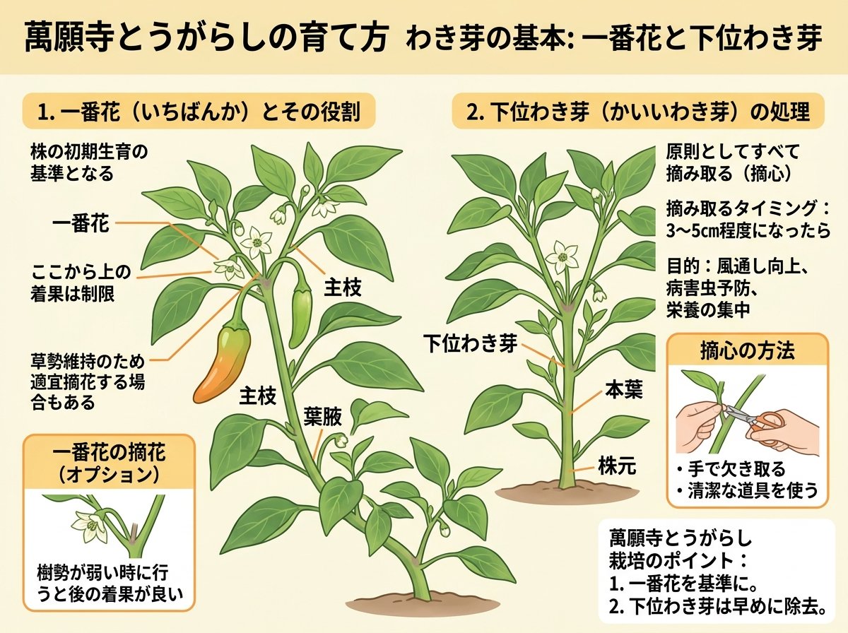 万願寺とうがらし育て方わき芽の基本：一番花と下位わき芽