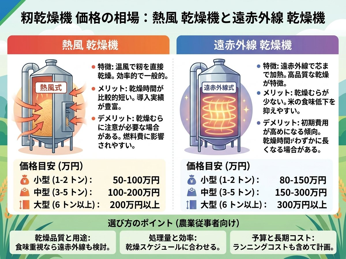 籾乾燥機 価格の相場:熱風 乾燥機と遠赤外線 乾燥機