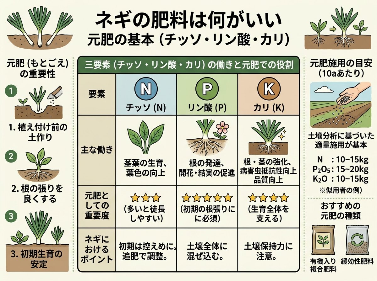 ネギの肥料は何がいい 元肥の基本（チッソ・リン酸・カリ）