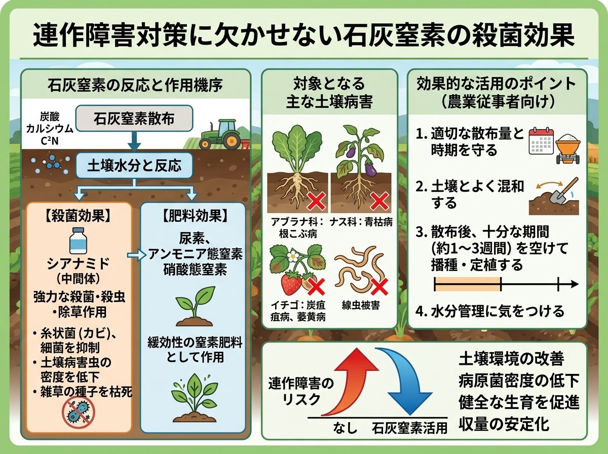 連作障害対策に欠かせない石灰窒素の殺菌効果