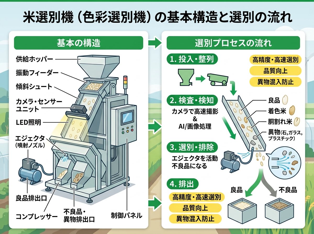 選別機 米の基本構造と選別の流れ