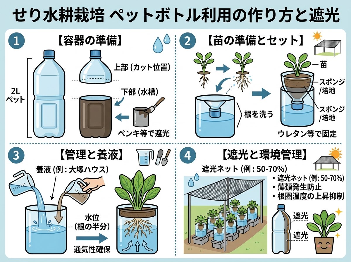 せり水耕栽培 ペットボトルの作り方と遮光