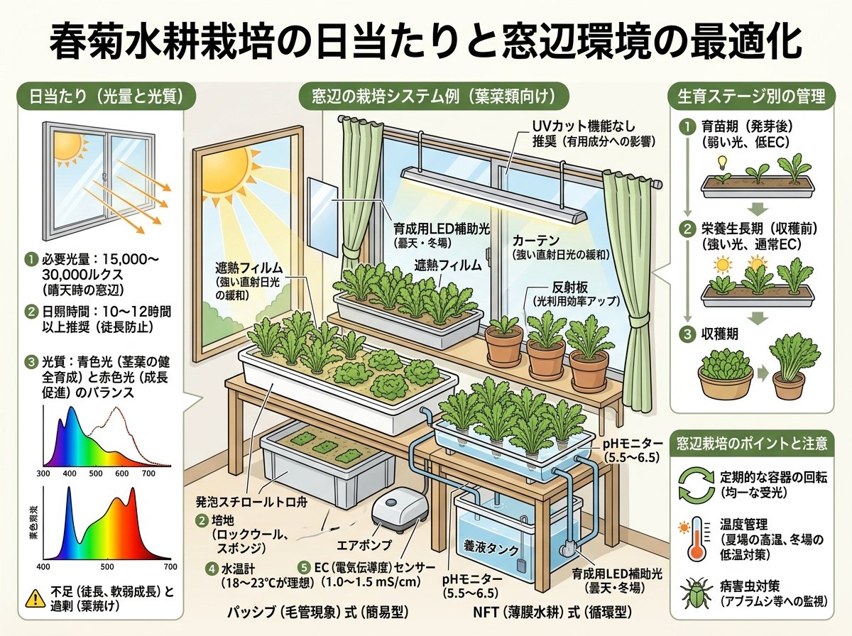 春菊水耕栽培の日当たりと窓辺