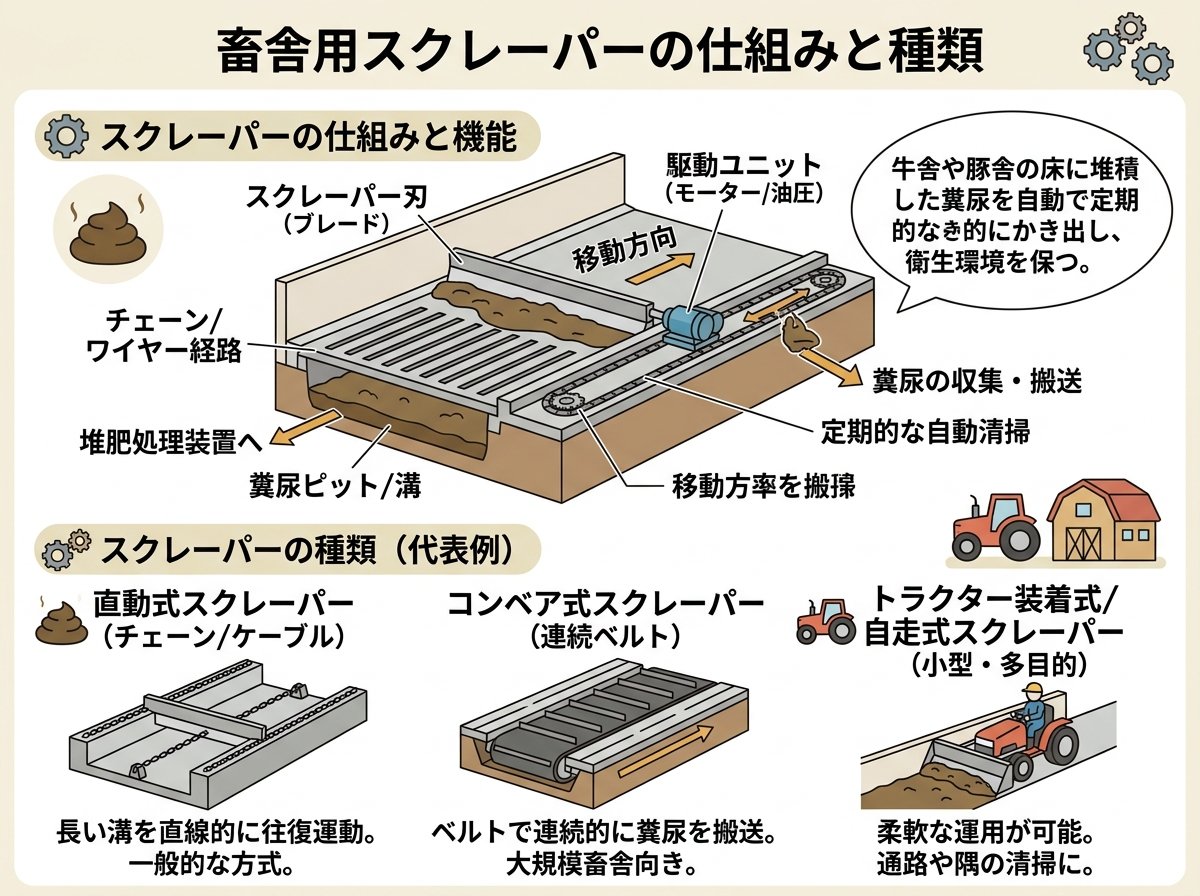 スクレーパー（畜舎）の仕組みと種類