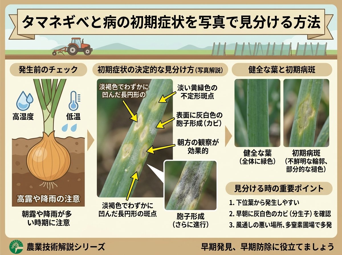 タマネギべと病の初期症状を写真で見分ける方法