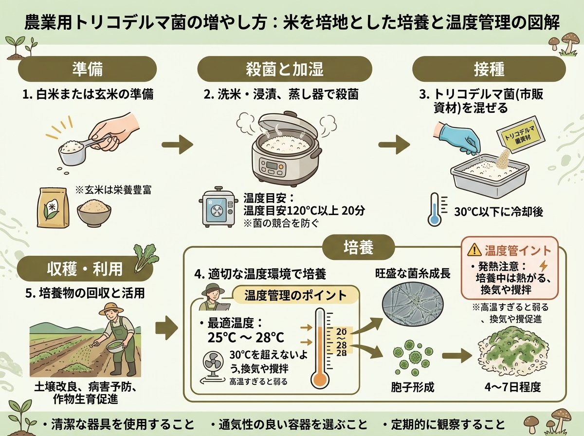 トリコデルマの増やし方で菌を培養する米と温度